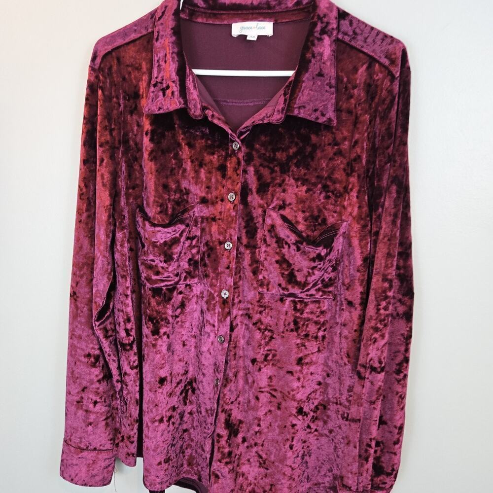 Grace & Lace Crushed Velvet Wine Color Oversized Button Tunic MED Boho Cottage